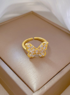 【真金电镀】开口重工蝴蝶时尚微镶轻奢指环食指戒网红同款冷淡风