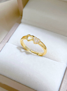 【真金】爱心缕空小巧戒指开口可调节款简约手饰日系指环情侣对戒