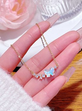 日韩轻奢甜美超粉花朵水滴微镶项链女温柔气质极光满钻爱心锁骨链