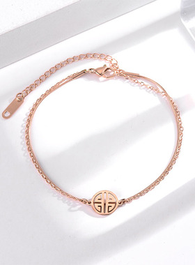 简约时尚福字双层手链钛钢18k金色气质高级感福牌吊坠网红ins手饰