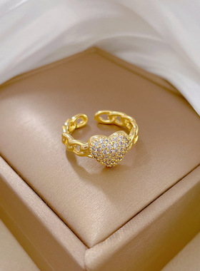 【真金电镀】开口爱心锆石时尚微镶轻奢指环食指戒网红同款冷淡风