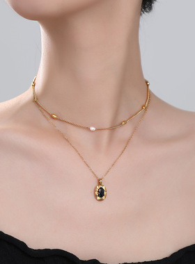 法式复古经典椭圆吊坠镶嵌黑色锆石钛钢项链简约精致中古风饰品