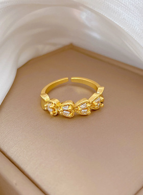 【真金】爱心双排满钻戒指开口可调节款简约手饰日系指环情侣对戒