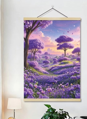 夏日浪漫紫色治愈系风景挂画挂图梦境中的花园客厅卧室过道卷轴画