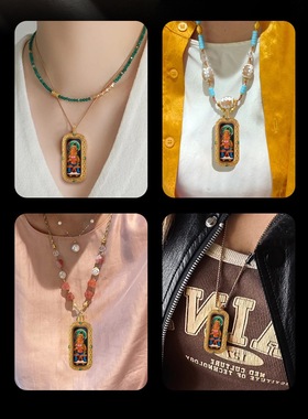 擦擦唐卡手绘扎基拉姆五爷八大守护绿度母藏式随身擦擦小唐卡吊坠