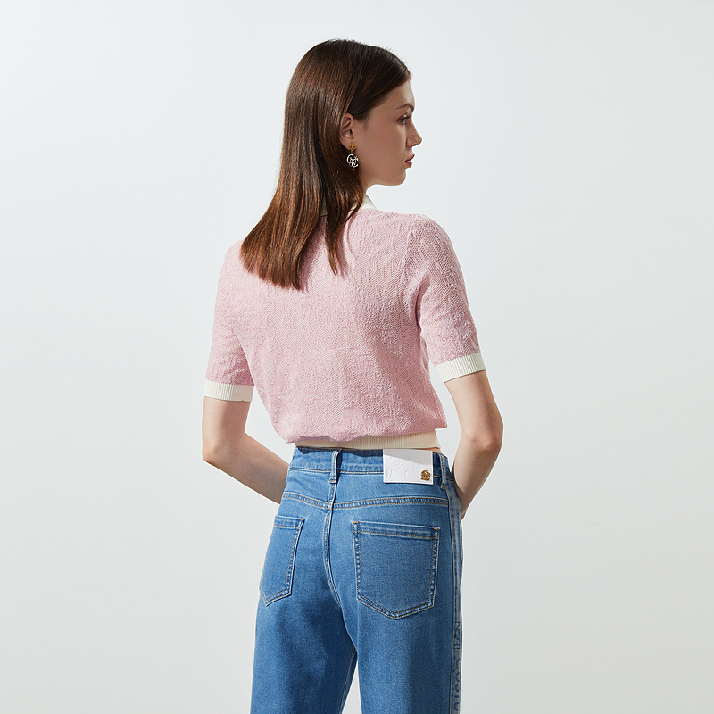 CNC品牌轻奢女装春夏新款小香风针织衫女粉色短袖纯棉polo衫 - 图0