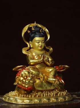 童子坐兽黄铜全鎏金彩绘文殊菩萨客厅佛堂供佛桌面装饰品覆古摆件