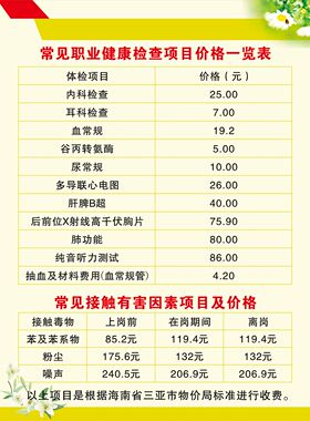 医院卫生院诊所收费项目药物价目表贴纸挂图展板海报印制