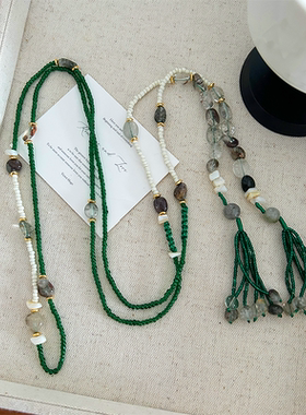 秋冬新款波西米亚风天然石串珠项链长链流苏民俗民族小众毛衣链女