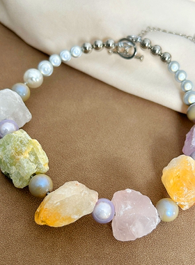 原创设计天然石项链水晶原石锁骨链萤石贝珠夸张设计感女士choker