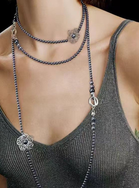 2025新款小众珍珠毛衣链项链女长款蕾丝金属925银针天然珍珠耳钉