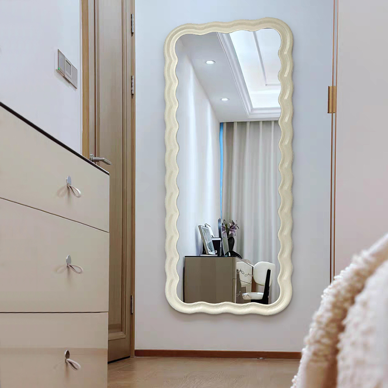 网红奶油风落地全身镜ins波浪形服装店试衣镜卧室衣间壁挂穿衣镜 - 图2