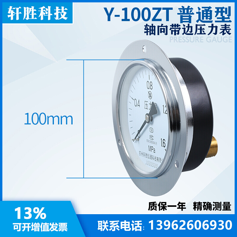 Y100ZT 1.6MPa 轴向带边压力表 气压液压 面板式压力表 苏州轩胜 - 图0