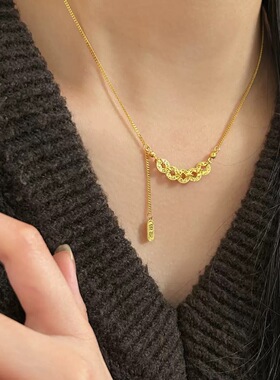 钱多多碎冰冰五帝钱币金色项链女轻奢小众爆闪招财龙鳞锁骨链手链