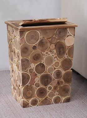 原木垃圾桶民宿翻盖创意垃圾筒简约木制日式酒店ins大号纸篓装饰