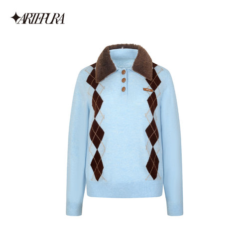 ARTE PURA25秋冬胶囊新款撞色毛领菱格毛针织衫女英伦学院风毛衣 - 图3
