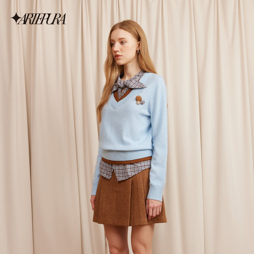 ARTE PURA25秋冬胶囊新款学院风复古格纹绑带衬衫假两件毛织衫女 - 图2
