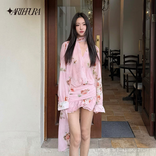 ARTE PURA浅蓝飘带印花连衣裙纯欲v领衬衫短裙海边度假收腰A字裙 - 图0