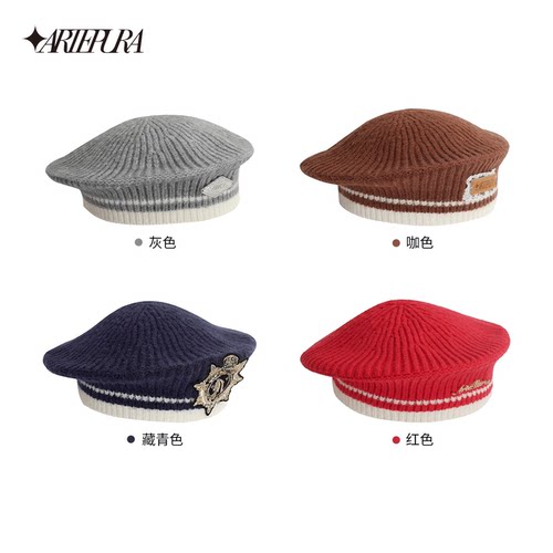ARTE PURA2025秋冬新款藏青色撞色学院毛织贝蕾帽显脸小洋气帽子 - 图3