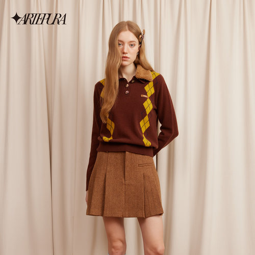 ARTE PURA25秋冬胶囊新款撞色毛领菱格毛针织衫女英伦学院风毛衣 - 图0