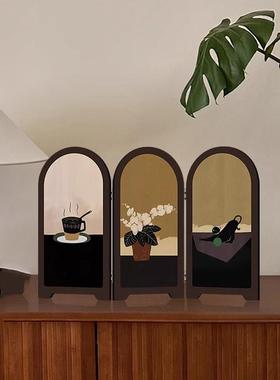 中古风桌面摆件小屏风茶室家居电视边柜高级感玄关装饰画复古摆画