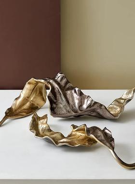 进口铝制金色树叶状收纳果盘摆件现代新中式样板间客厅茶几装饰品