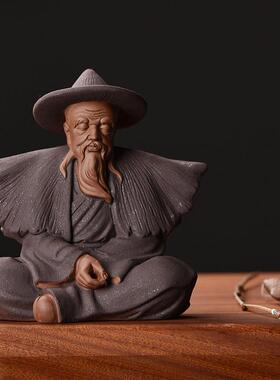 禅意姜太公钓鱼人物陶瓷摆件鱼翁老头鱼缸造景假山盆景装饰品配件