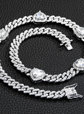 潮流项链嘻哈锆石爱心吊坠古巴链