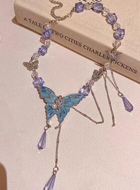 重工蓝色水晶流苏蝴蝶项链女小众