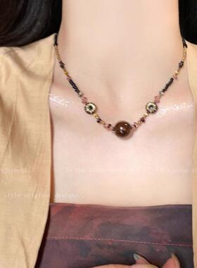 秋冬款港风复古美拉德虎眼石项链