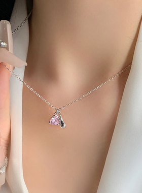 925纯银粉色爱心水滴项链甜美少