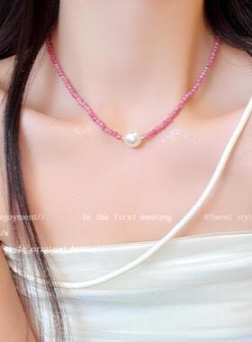 心甜美气质粉红色串珠项链轻奢