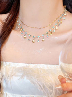 海女儿蓝色锆石金色贝壳项链女