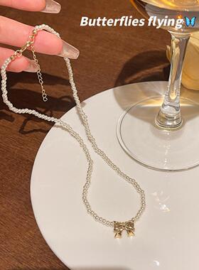 在逃公主珍珠蝴蝶结项链女轻奢