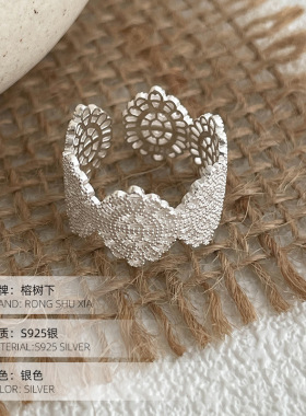 S925银中古风镂空蕾丝戒指女夏季