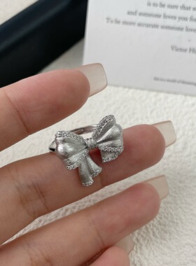 S925纯银拉丝蝴蝶结开口戒指活口