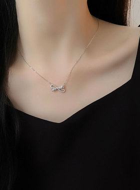 S925纯银蝴蝶结项链女锁骨链镶钻