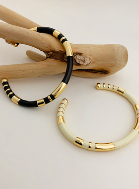 设计感开口撞色珐琅手镯女法国小众黑白金色叠戴细手环学生手饰品