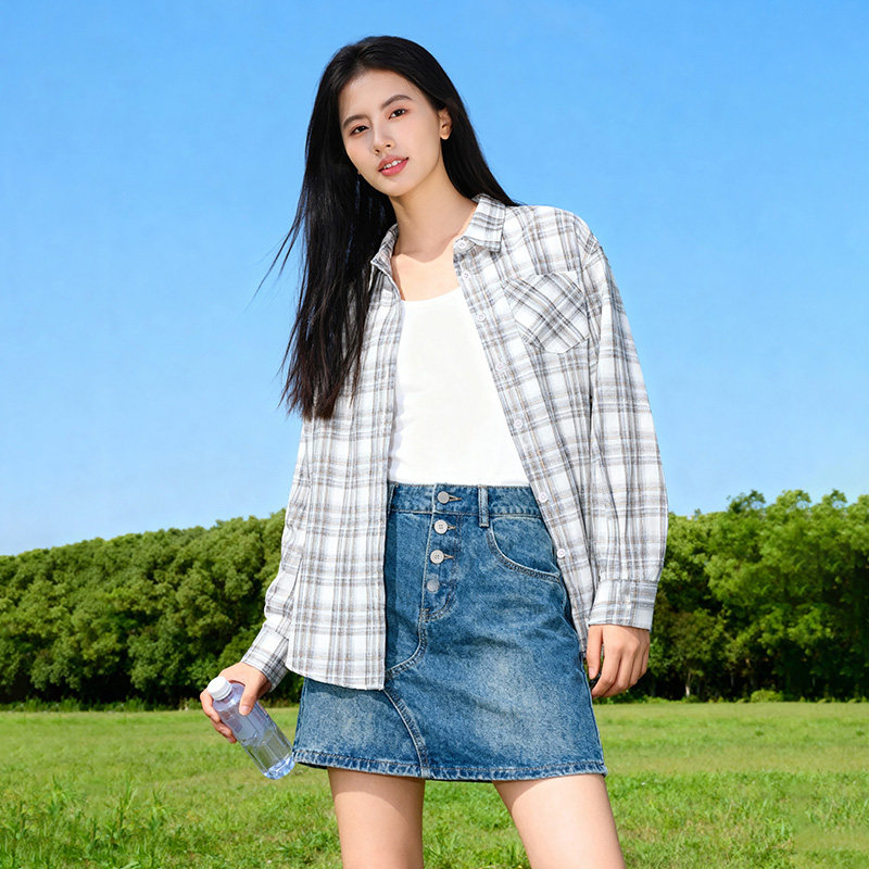 真维斯蓝色格子衬衫女2026新款文艺洋气复古港风宽松长袖上衣外套,淘宝优惠券,粉丝福利购,淘宝优惠卷