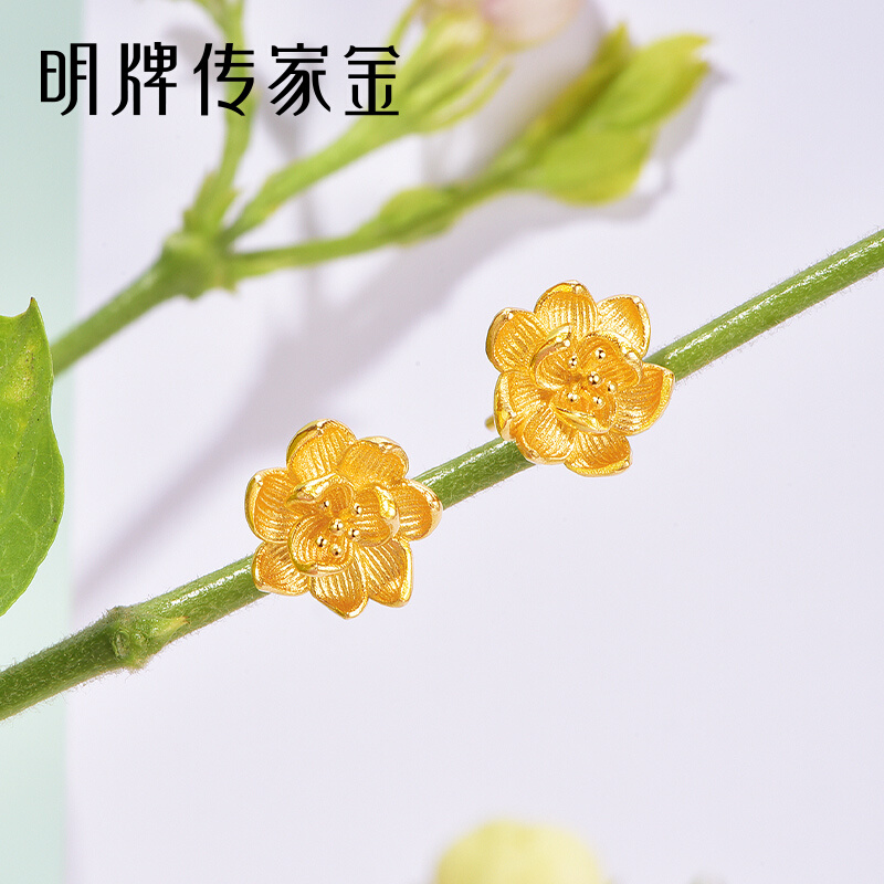 明牌珠宝古法黄金茉莉花耳饰 传家金莫离耳针足金时尚耳针AFH0277 - 图2