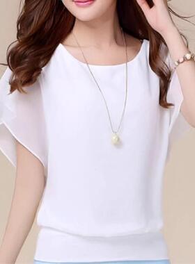 Women's Batwing Short Sleeve Loose Fit Crew Neck Chiffon Blo