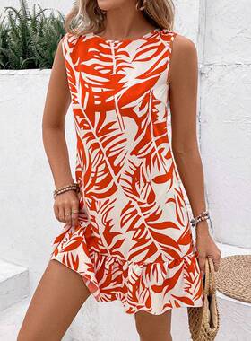 Women'S Plants Print Dress, Casual Sleeveless Dress For