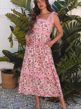 Women's Casual Floral Square Neck Lace Tie Strap Empire Wais