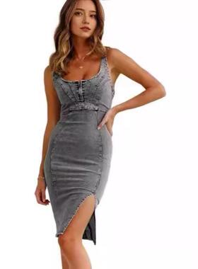 Women's Sexy Denim Bodycon Midi Dress Sleeveless with High S