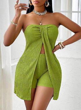 Women'S Textured Fabric Knot Front Slit Shorts Set,, Fashion