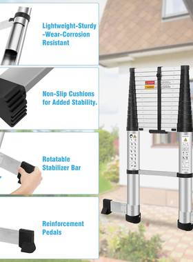 铝合金伸缩梯带旋转脚与竹节设计底部横杆可便携收纳放置床底