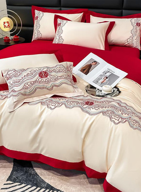夏季结婚床上四件套婚庆纯棉100全棉红色床单被套轻奢床笠款床品4