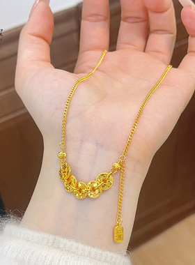 金店同款沙金碎冰冰猫眼五帝钱项链钱币流苏锁骨链气质轻奢女送礼