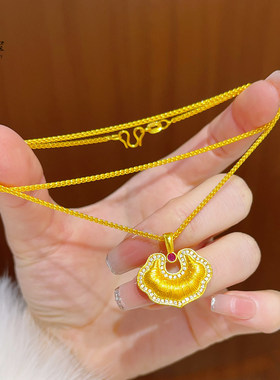越南沙金点钻拉丝如意锁包吊坠项链镂空祥云仿真金色挂坠复古女