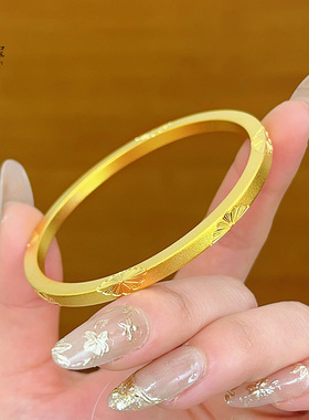沙金古法錾刻小雏菊方块手镯实心素圈花朵镯子简约百搭送女友礼物